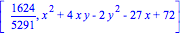 [1624/5291, x^2+4*x*y-2*y^2-27*x+72]